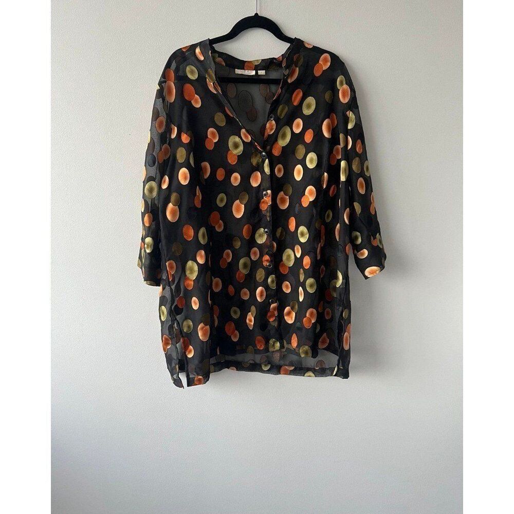 Erin London Women Plus Size 1X Stylish Black Sheer Button Down Tunic Blouse Top
